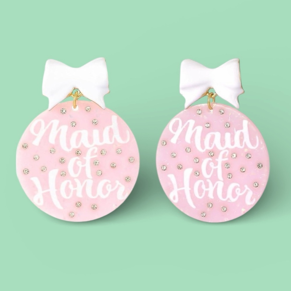 Pink Maid of Honor Bow Earrings Round Crystal Rhinestone Bridal Party Earrings